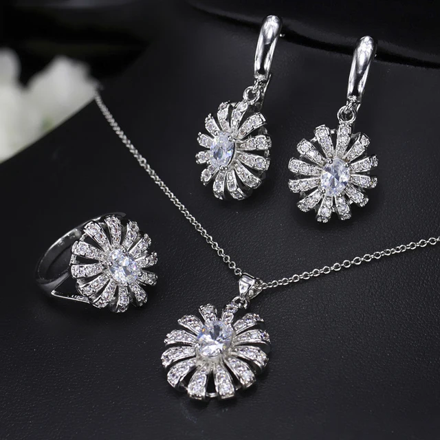 ThreeGraces Green Emerald Cubic Zirconia Stone Flower Necklace Earring and Ring Set 925 Sterling Silver Jewelry for Women  JS500 White