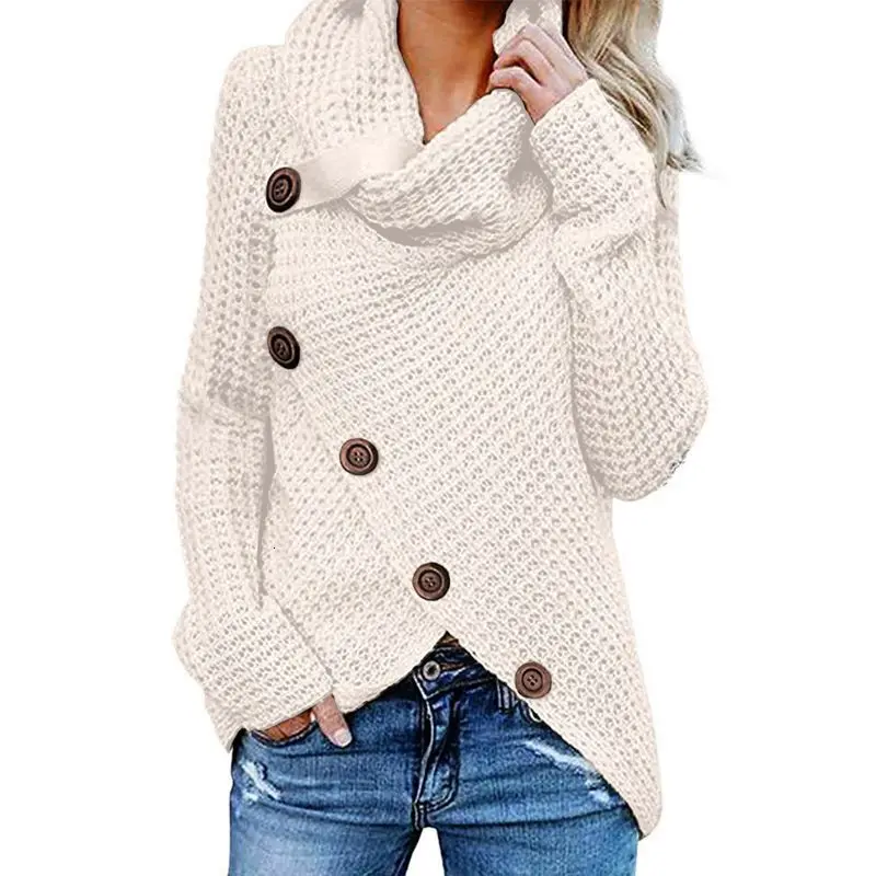 ECN женский осенне-зимний пуловер с длинным рукавом, топы, водолазка, косая пуговица, вафельный трикотаж, неровный подол, свободная толстовка