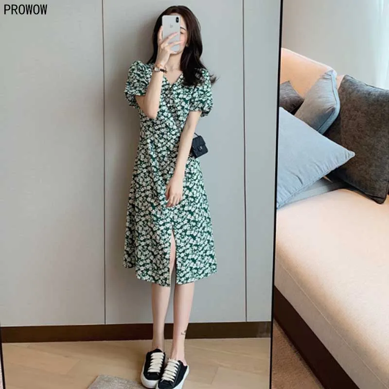 2020 Bubble Sleeve Green Floral Dress Summer New Women Waist Down French Retro Dress Korean Elegant Retro Chiffon Split Dresses