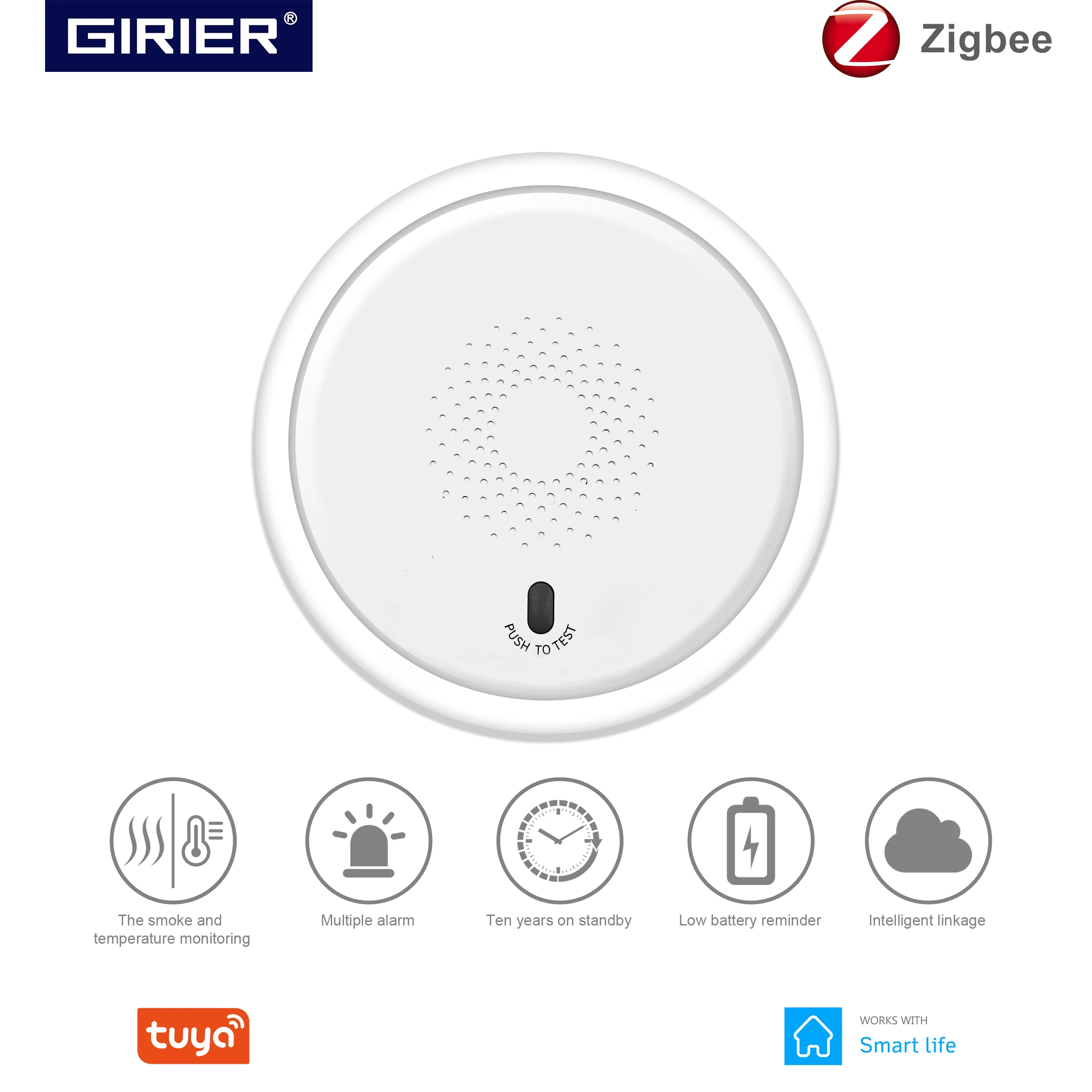 Tuya ZigBee Smart Smoke Sensor Detector Battery Powered with Photoelectric Sensor Works with Smart Life App Hub Required