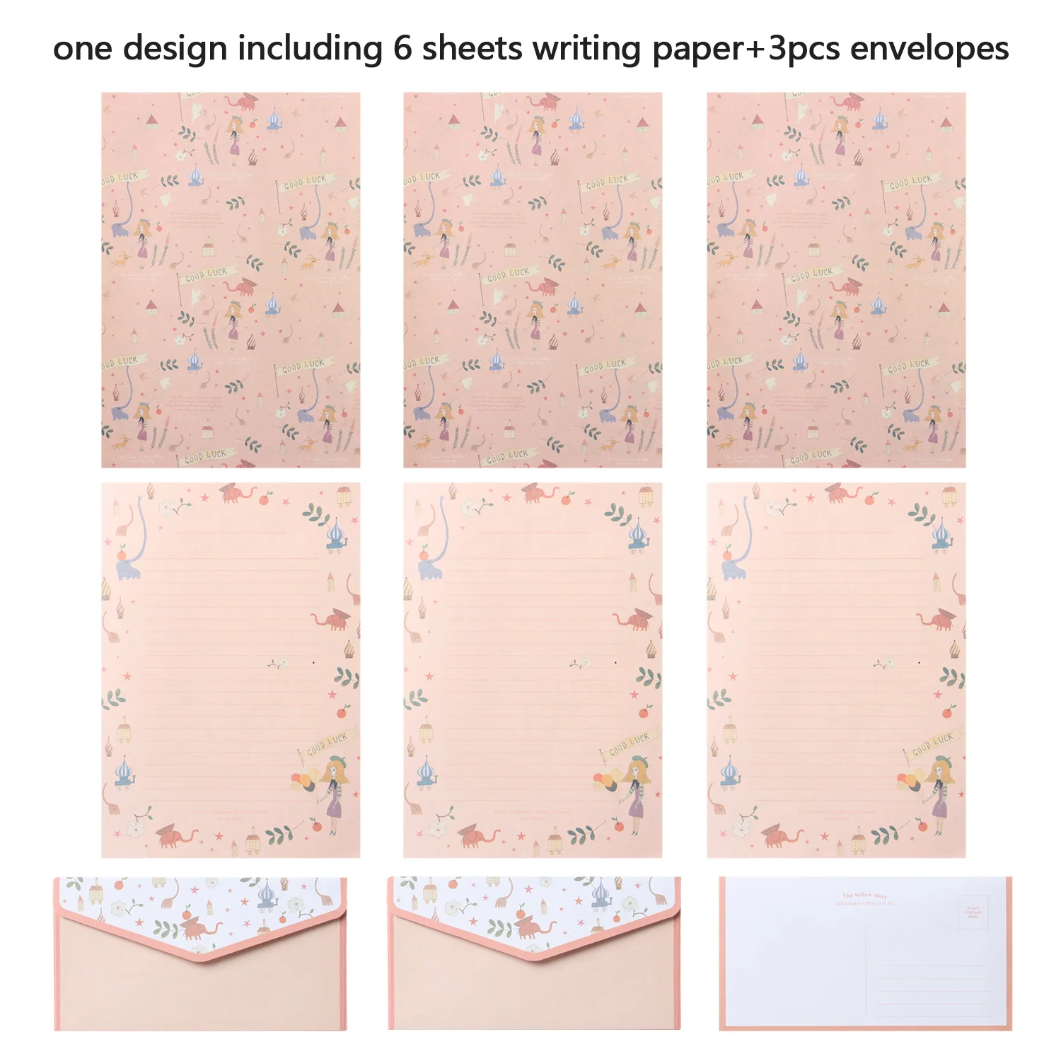 Cute Cartoon Animals Floral Pattern Letter Paper + Envelope Writing Paper Gift Envelope School Office Stationery Supply 6Pcs + 3Pcs