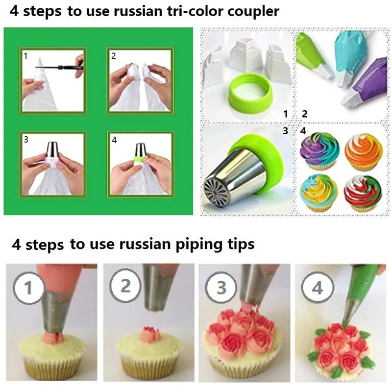 18 Pcs/Set Icing Piping Nozzles Russian Piping Tips Cake Decorating Russian  Flower Tips 10 Pastry Bags 1 Tri-Color Coupler