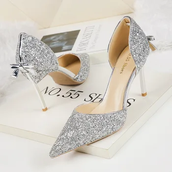 

High Quality Women Pumps High Heels Sequins Leather Wedding Shoes Brand Design Pointed Toe High Heels Shoes Sexy Party Shoes