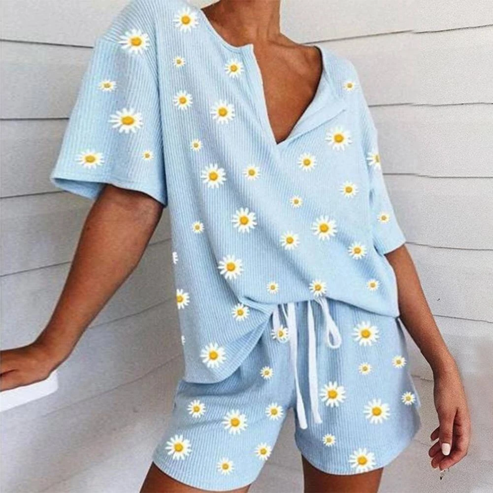 plus size pjs Casual short sets for women 2021 Loose Outfit Short Sleeve T-shirt Shorts Marguerite Print Suit Set for Home Street wear lounge sets for women