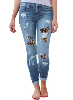 

Ripped Leopard Slim High Waist Full Jeans For Women Spring USA Frayed Lady Casual pencil Jeans Elastic Pop Bottom Newest Style
