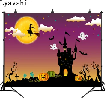 

Lyavshi Halloween evening background with haunted house witch full moon pumpkin and ghost background photography studio