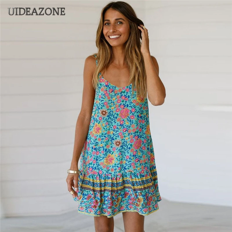 

UIDEAZONE Boho Printed Women Spaghetti Strap Dress Bohemian V Neck Ruffles Swing Backless Ladies Sweet Mini Dresses 2019 Summer