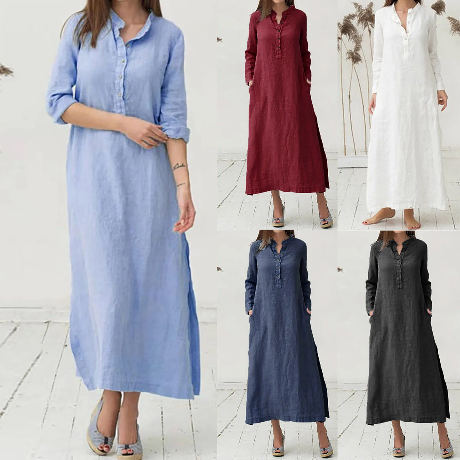 LISTHA Womens Long Sleeve Maxi Dress Kaftan Cotton Plain Casaul Oversized Long Dresses