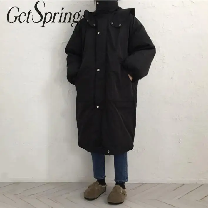 

GETSPRING Women Coat Drawstring Hooded Long Womens Winter Jackets Coats Black Beige Women Parka Winter Outwear Jacket Coat 2019