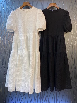 

2020 Spring and Summer New Women's round Neck Solid Color Decorative Bubble Short Sleeve Long Dress 527