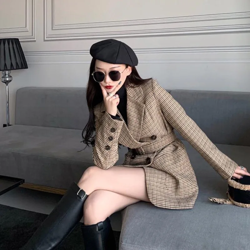 2020 Autumn Winter Plaid Blazer Women Long Casual Coat Vintage Double Breasted Houndstooth Tweed Wool Ladies Suit Jacket Female