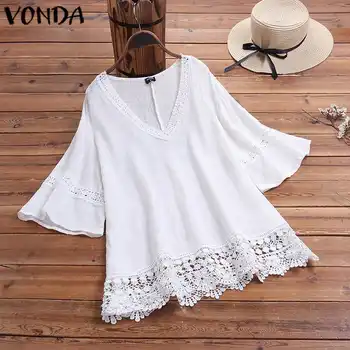 

VONDA Lace Blouses Women Sexy Deep V Flare Sleeve Shirts 2020 Summer Beach Tops Bohemian Tops And Blouse Blusas Plus Size Tunic