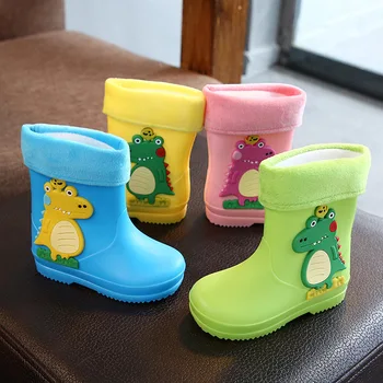 

Children Rain Boots Lovely Dinosaur PVC Rubber boots Boy Girls Fashion Cartoon Add Cotton Non-slip Water Shoes Toddler RainBoots