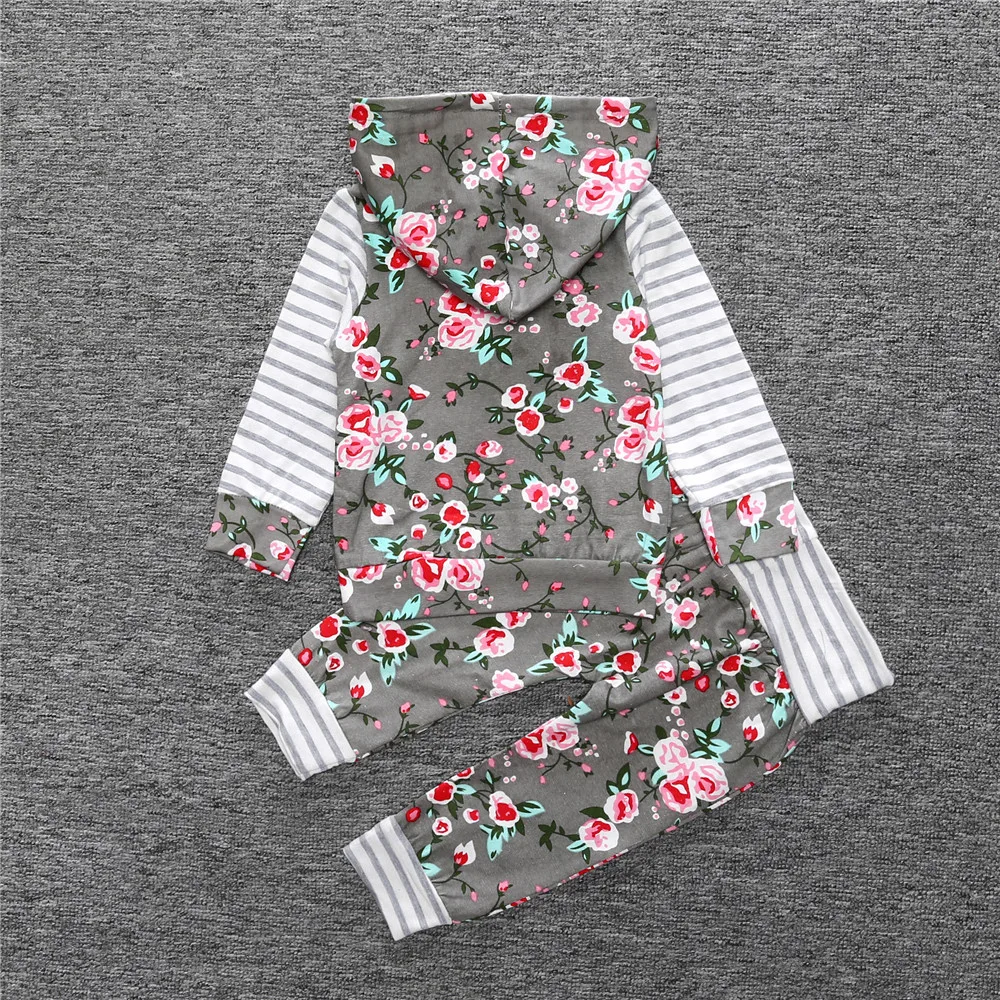 Комплект одежды для новорожденных девочек и мальчиков с цветочным рисунком, осенние Рубашки с капюшоном и длинными рукавами, штаны комплекты одежды для детей от 0 до 2 лет