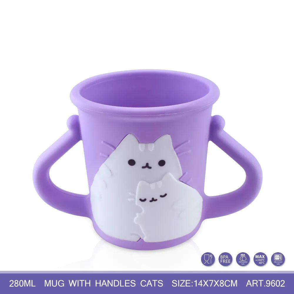 

280ml cup for children with handles and cats 100% food grade silicone cup