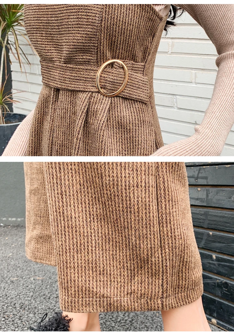 Тонкий вязаный свитер с длинным рукавом, Модный женский джемпер с О-образным вырезом+ осенне-зимняя шерстяная ткань, широкие штаны на подтяжках, наборы