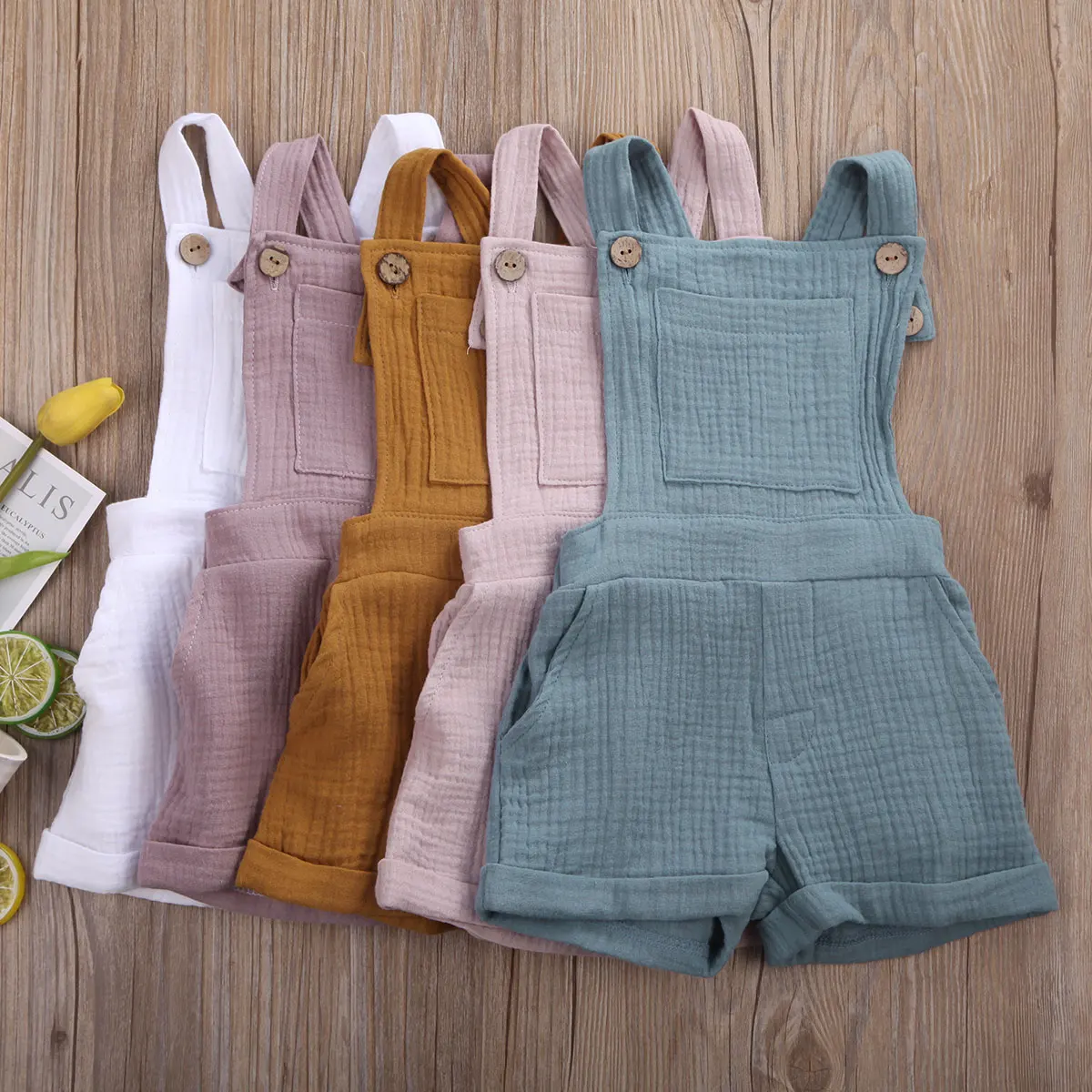 

AA 2020 Baby Playsuit Summer Boys Girls Clothing Button Pocket Romper Infant Sleeveless Suspender Rompers Toddler Playsuits