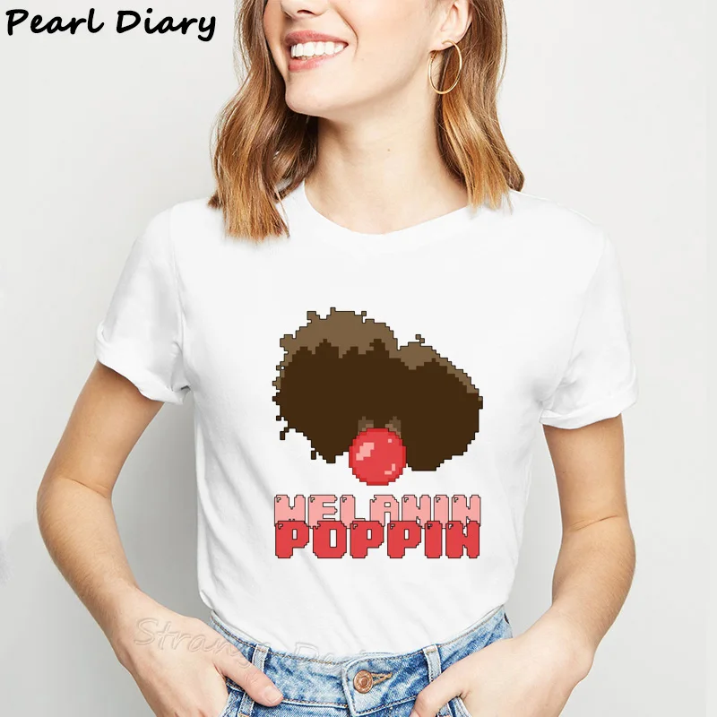 Melanin Poppin/футболки с графическим принтом для женщин, белая футболка с короткими рукавами, черный топ для девочек с кудрявыми волосами в африканском стиле, футболка Harajuku - Цвет: WOD-159-4