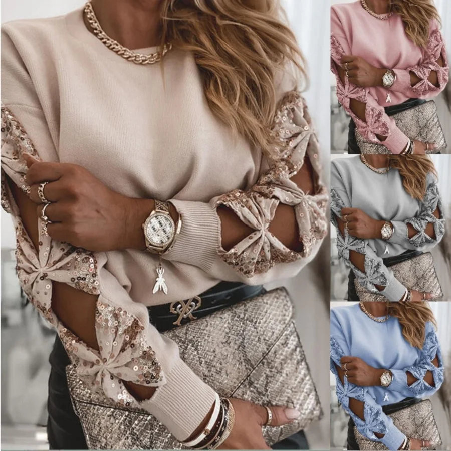 

Women Autumn Winter Knitted Pullovers Tops Fashion Sequin Hollow Out Bow Sleeve Sweaters Jumper Femme