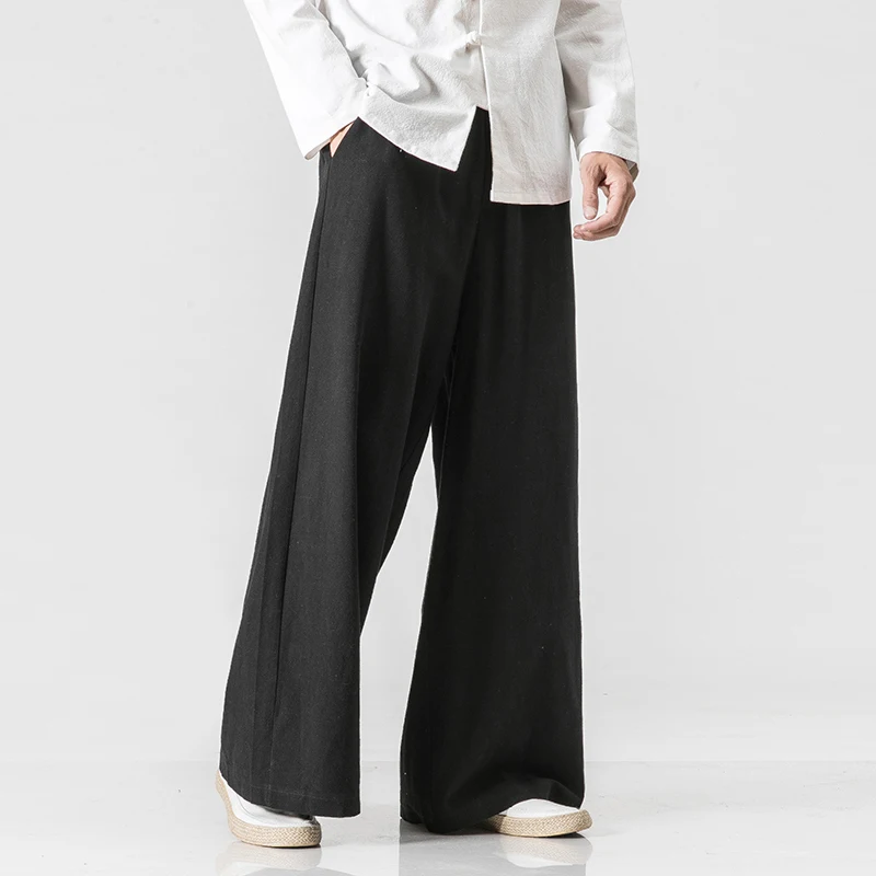 2023 Mens Cotton Linen Wide Leg Pants Summer Men Casual Solid Elastic Waist Straight Loose Trousers Male Black Track Pants M-5Xl 2