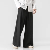 2023 Mens Cotton Linen Wide Leg Pants Summer Men Casual Solid Elastic Waist Straight Loose Trousers Male Black Track Pants M-5Xl 2