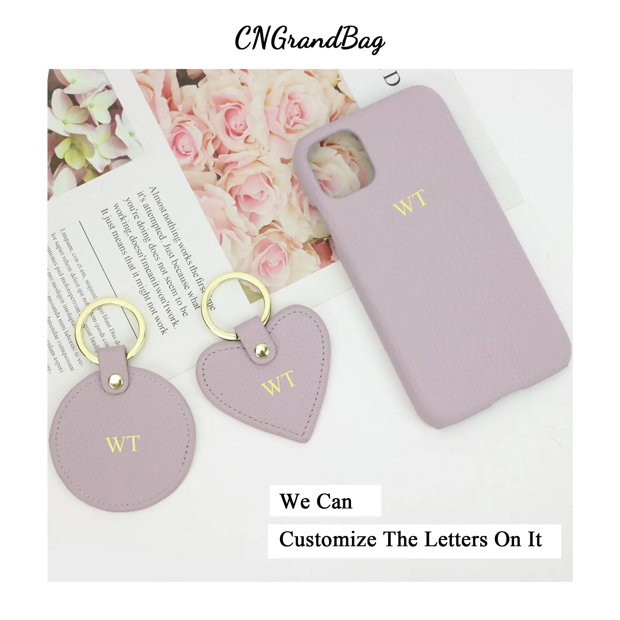 New Customized Gift Set Genuine Grain Leather Mobile Phone Case for 11 12 PRO MAX  Matched Circle/Heart Keychain Cardholder