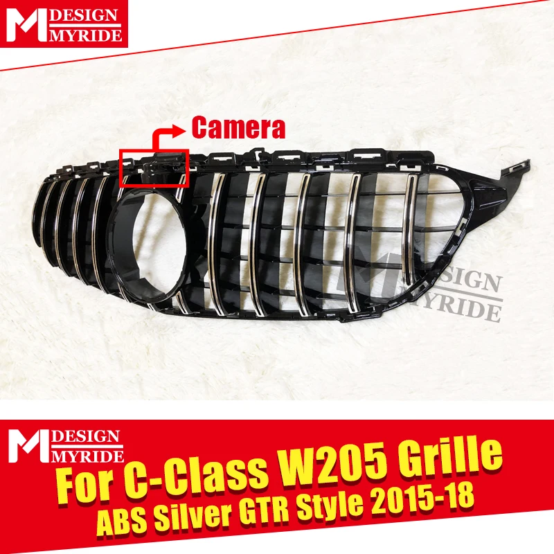  Fit For W205 Front Grille GTS Style with Camera C-Class W205 Sports C180 C200 C250 ABS Silver Sport