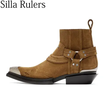 

New Square Toe Chelsea Boots Woman Metal Toe Genuine Leather Ankle Boots Woman Runway Chunky Heels Motorcycle Boots Woman