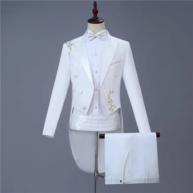 Fashion Men's White Lapel Tuxedo Wedding Groom Stage Singer 2 Piece Set Inlay Diamond Slim Casual Suit Set(Tail jacket+Pant