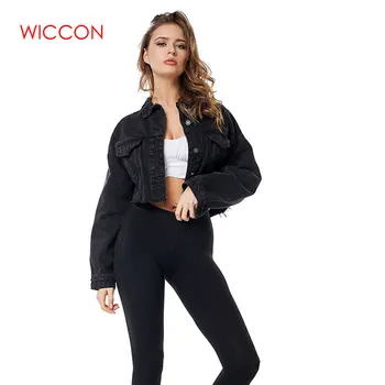 

Black Drop Shoulder Denim Jacket Long Sleeve Frayed Hem Ripped Crop Women High Street Single Breasted Solid Short Jackets
