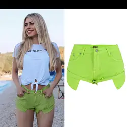 Летние зеленые джинсовые шорты с высокой талией пикантная бахрома фактурные карманы джинсовые шорты для девочек пляжные Горячие