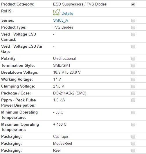 ESD подавители/tvs-диоды 1500W 17V SMCJ17A