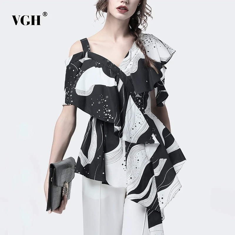 

VGH 2019 Korean Off Shoulder Women's Shirt V Neck Half Sleeve Ruffles Hem Irregular Blouse Clothing Top Female New Tide Summer