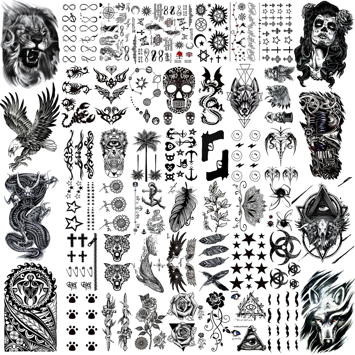 

50 Sheets Black Temporary Tattoos For Men Women Realistic Fake Tattoo Lion Animal Skull Totem Body Art Arm Thigh For Kids Tatoos