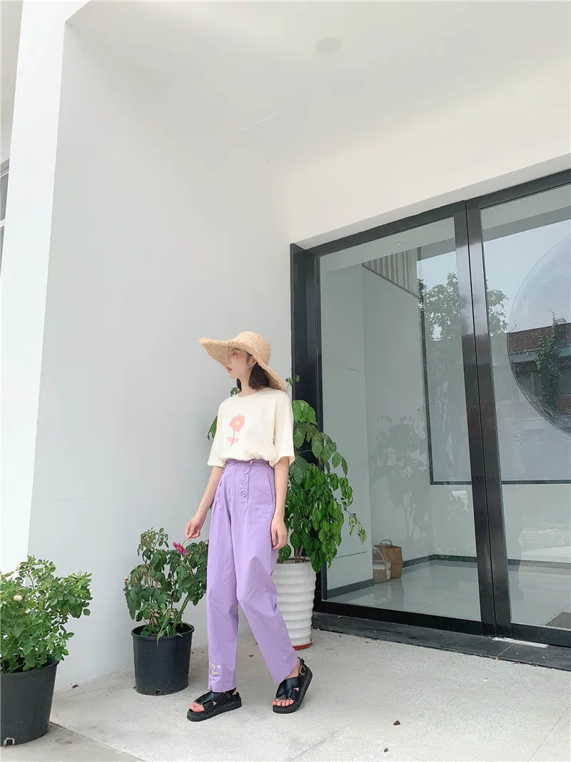 Autumn New Women's Korean Fashion Embroidery Flower Trousers Women's Purple Casual High Waist Preppy Style Straight Pants