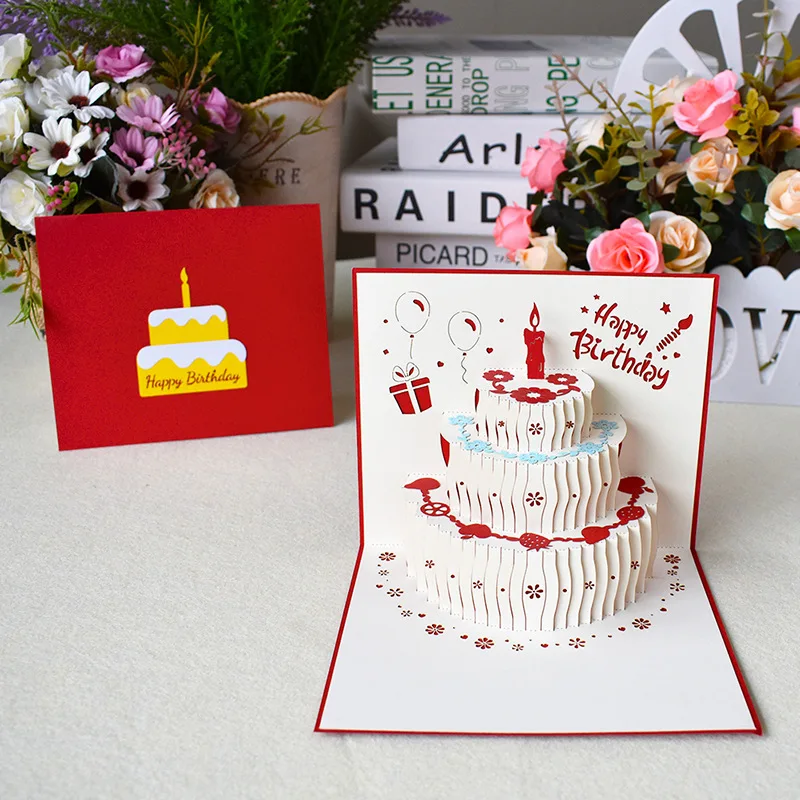 Happy Birthday Card 3d Birthday Cake Pop-Up Greeting Cards Postcards For Girl Kids Wife Husband With Envelope greeting cards