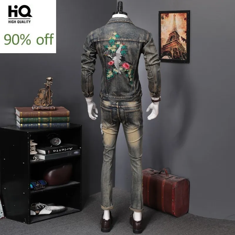 

Spring Men Vintage Printed Turn-down Collar Denim Jacket Slim Embroidery Cowboy Coat + Jeans Pants Two Piece Set Male Streetwear