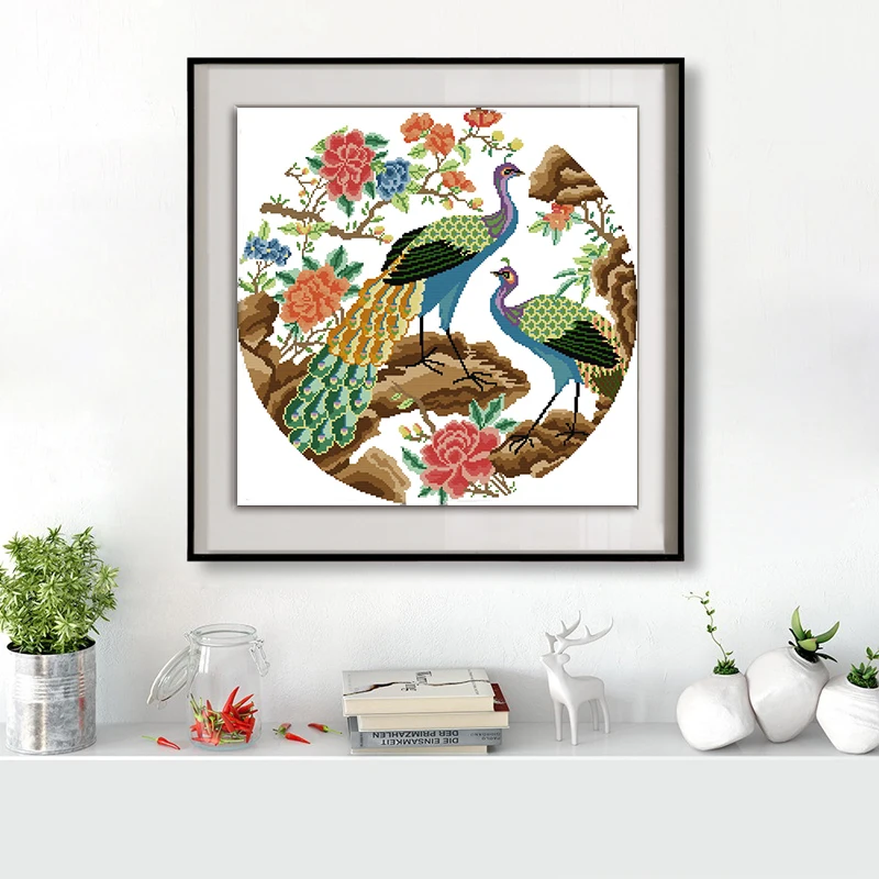 

Joy Sunday DIY Cross Stitch Kits Two flower peacocks pattern Printed Chinese embroidery needlework for a living room and bedroom