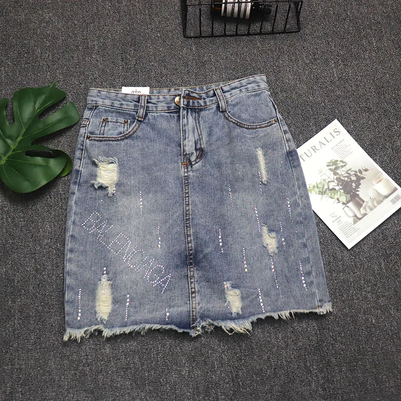 

[Attachment] Fashion with Holes Flash Sheath Denim Skirt 2019 Summer New Style Lettered Hot Drilling Skirt 2126
