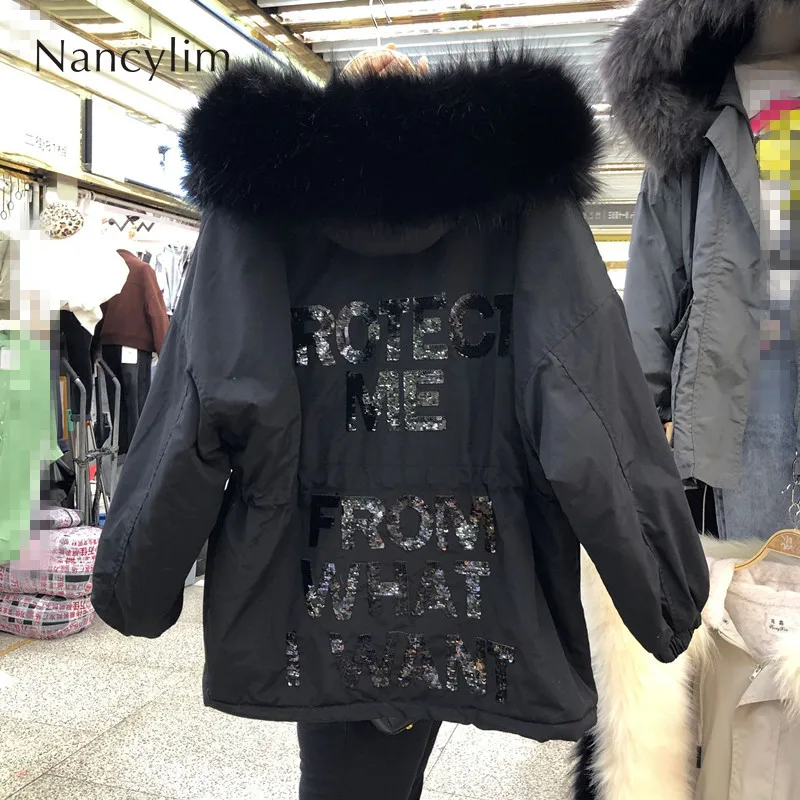 

Parka Women Contton Padded Winter Coat Long Clothing Sequins Letter Faux Wool Collar Female Tooling Padded Cotton Jacket Student