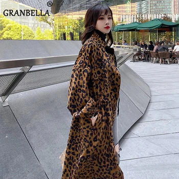 

Women's casual leopard trench coat oversize 3xl 4xl vintage drawstring waist long windbreaker outerwear for woman