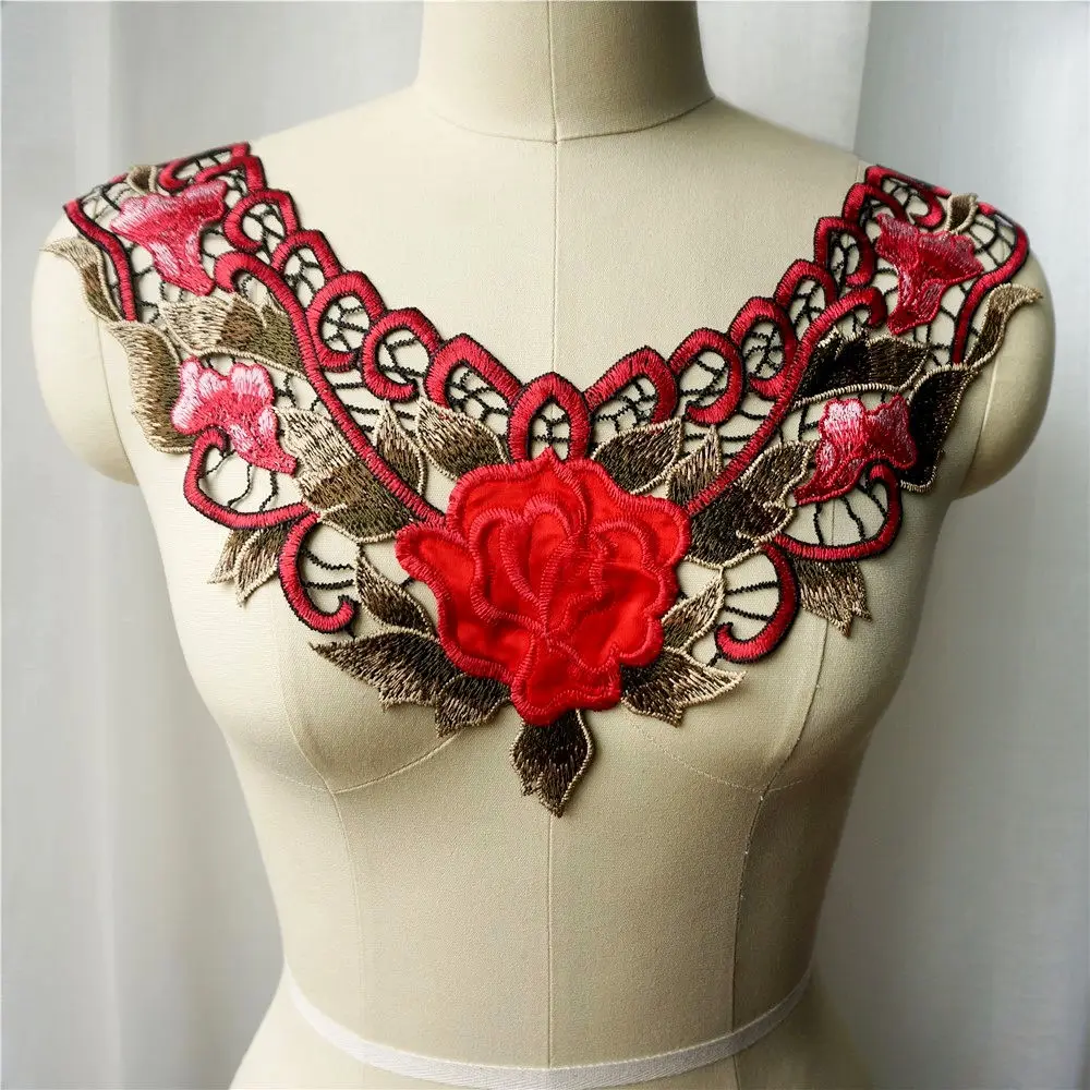 Красная вышитая цветочная роза тканевый воротник цветочные листья аппликация