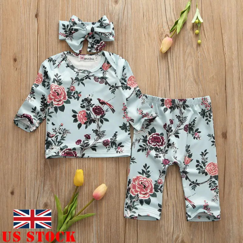 UK/комплект из 3 предметов; футболка с цветочным рисунком для маленьких девочек; Топы+ штаны+ повязка на голову; комплект одежды для девочек; одежда с цветочным рисунком
