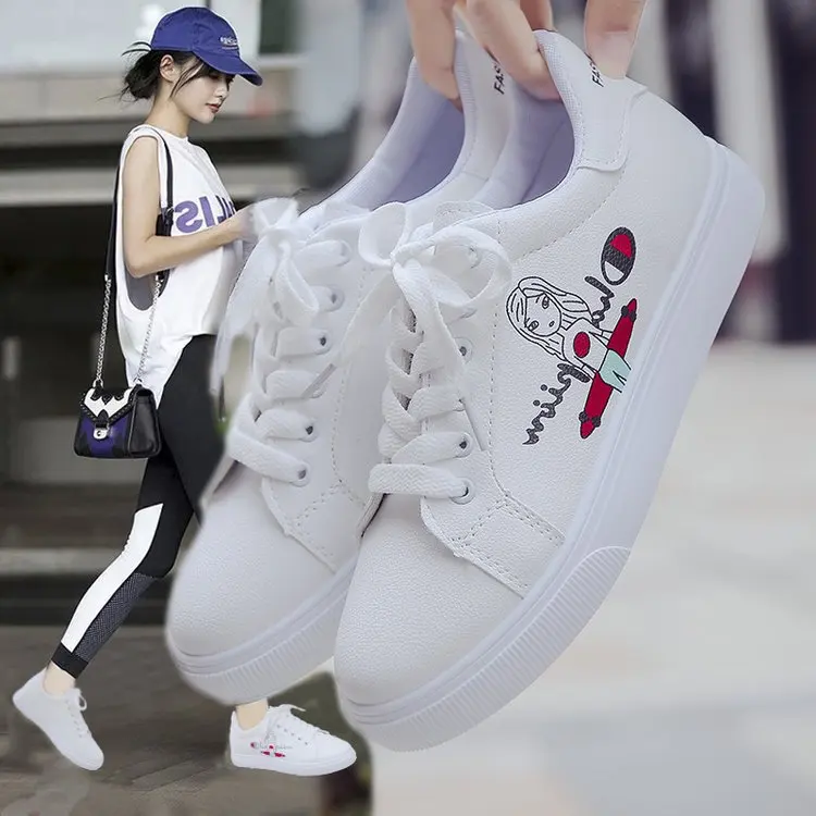 

2019 Spring New Style Korean-style Versatile White Shoes Women's round-Toe Flat Casual Shoes Women's Lace-up Low Top Sneakers Wo