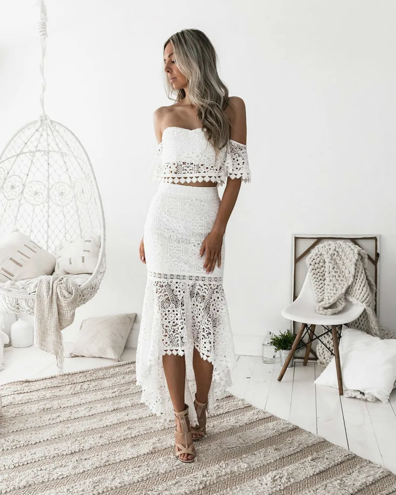 

2019 Women White Lace Dress 2 Pcs Set Sexy Slash Neck Backless Pencil Dress Spring Mermaid Party Dresses Uguest