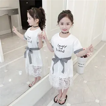 

Girls Casual Dress and Lace Skirt 2Pcs Set Girls White Long T Shirt Dress Letter Printed Casual Style Skirt with Bow Clothes Set