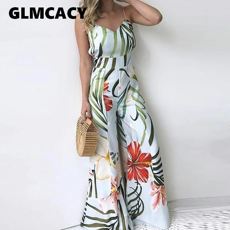 Women Floral Printed Summer Boho Beach Jumpsuit Sleeveless Casual Long Wide Leg Overalls Elegant Chic Streetwear