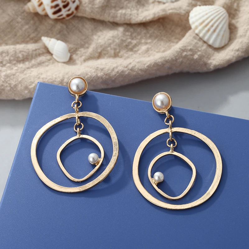 

Wholesale Korean Trendy Unique Pearl Geometric Gold Big Double Circle Dangle Drop Earrings for Women Brincos Oorbellen Brincos