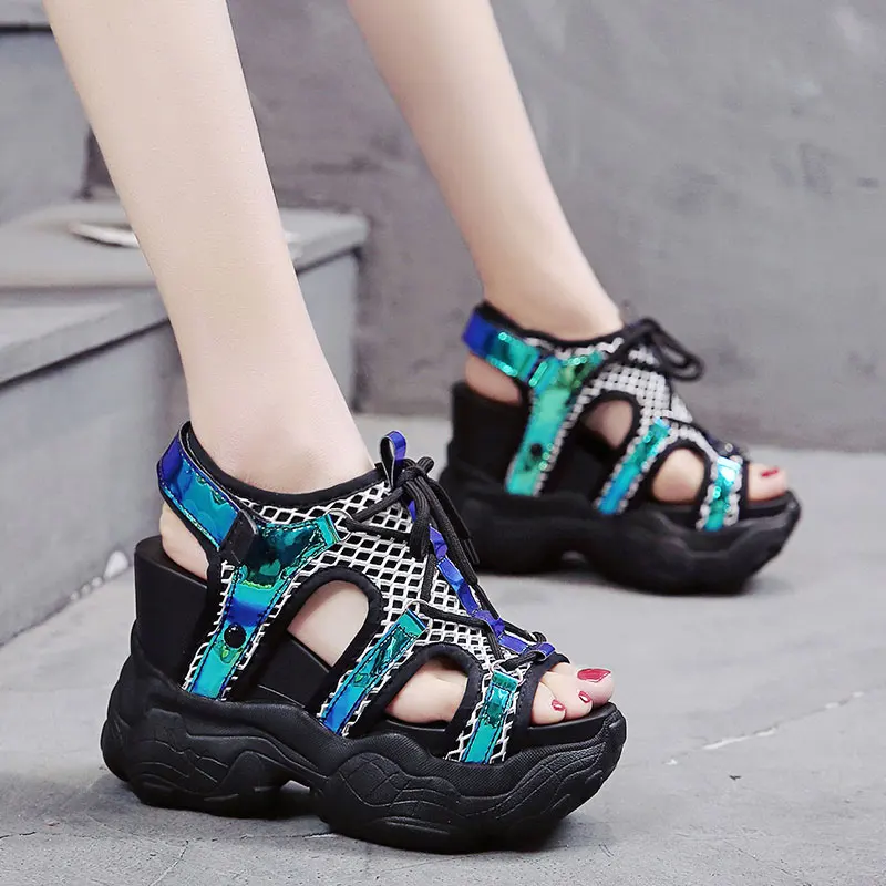 

New women's fashion mesh breathable 12CM heightening sandals trend wild casual high heel sandals Roman shoes