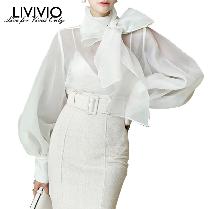  [LIVIVIO] 2019 Summer Long Lantern Sleeve Bow White Sheer Blouse Women Black Shirt Office Ladies To